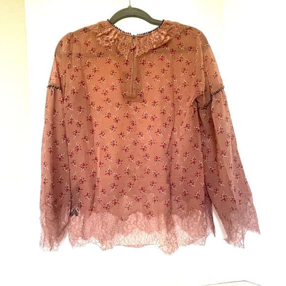 The Kooples Floral Beaded Lace Top Womens Small Pink Bell Sleeve Boho Blouse - Picture 3 of 12